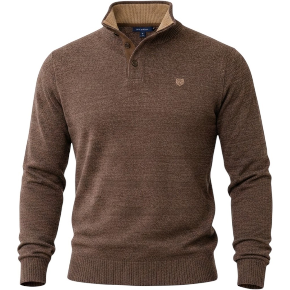 Chaps Men's Brown Quarter Button Pullover Sweater Casual Knit Shirt, Large